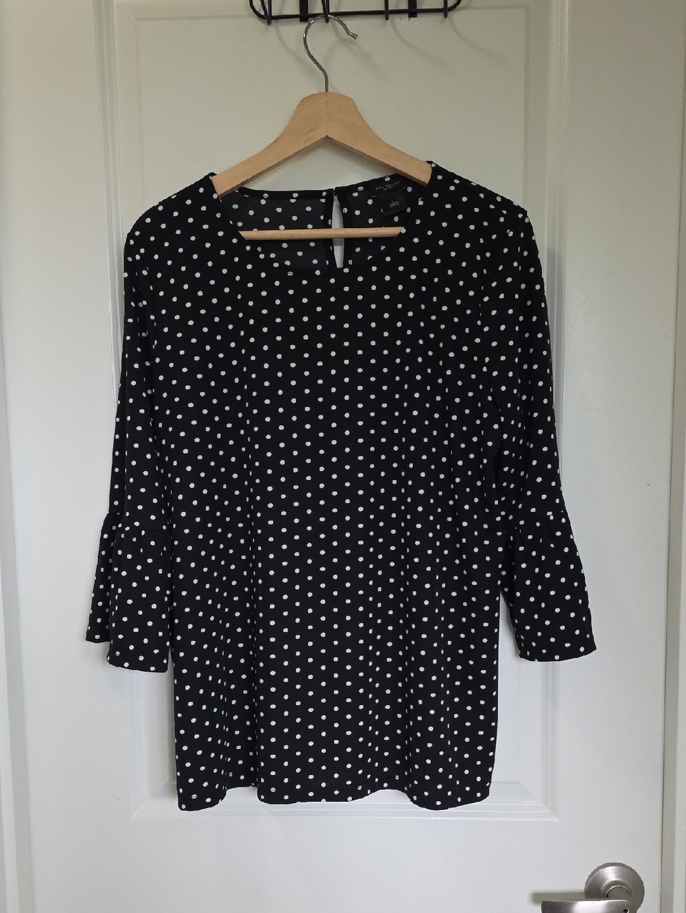 Ann Taylor Black and White Polka Dot Blouse with Flared Sleeves